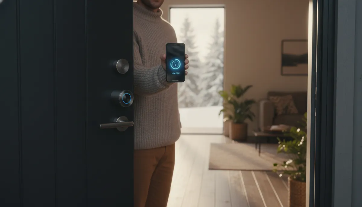 Person låser opp en moderne inngangsdør med mobiltelefon, smartlås montert på døren