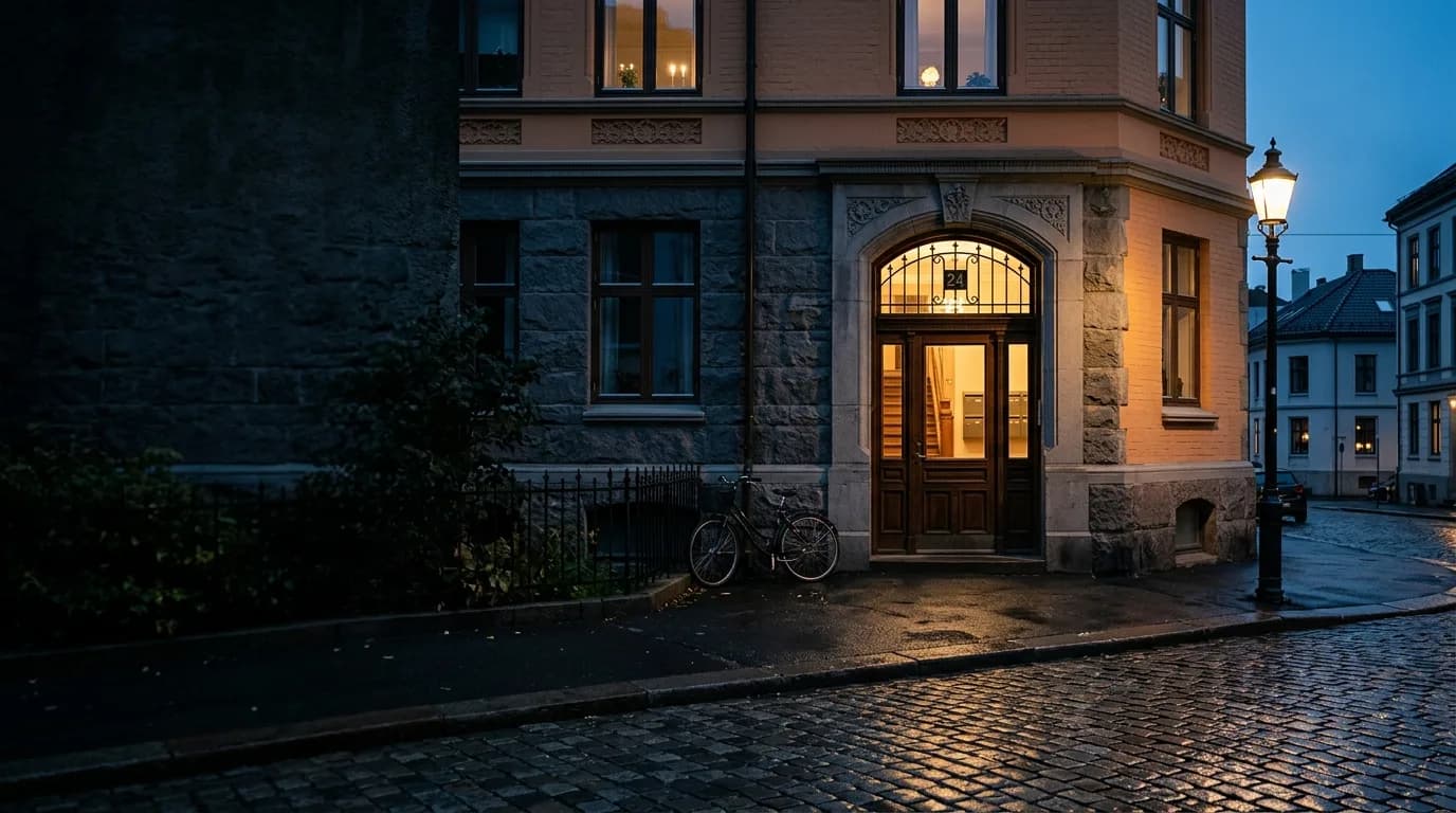 Inngangsparti til en klassisk Oslo-bygård i blåtimen med opplyst ytterdør